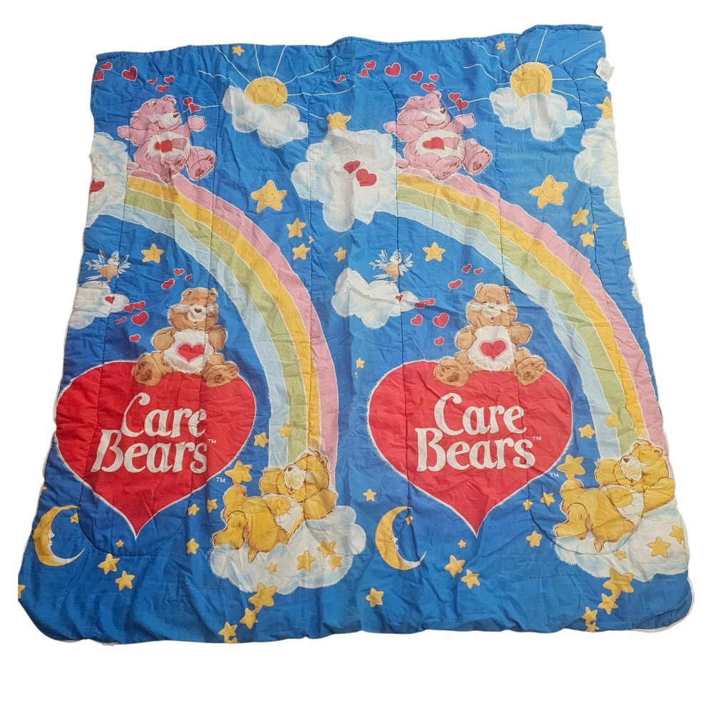 Vintage Care Bears Comforter 1980s Blue Rainbow Heart Quilt Made in USA Twin